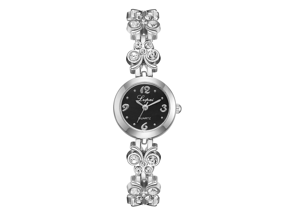 Reloj De Mujer Con Correa De Aleación, Cristales De Imitación, Esfera Redonda, Movimiento Analógico De Cuarzo (plateado Y Negro).