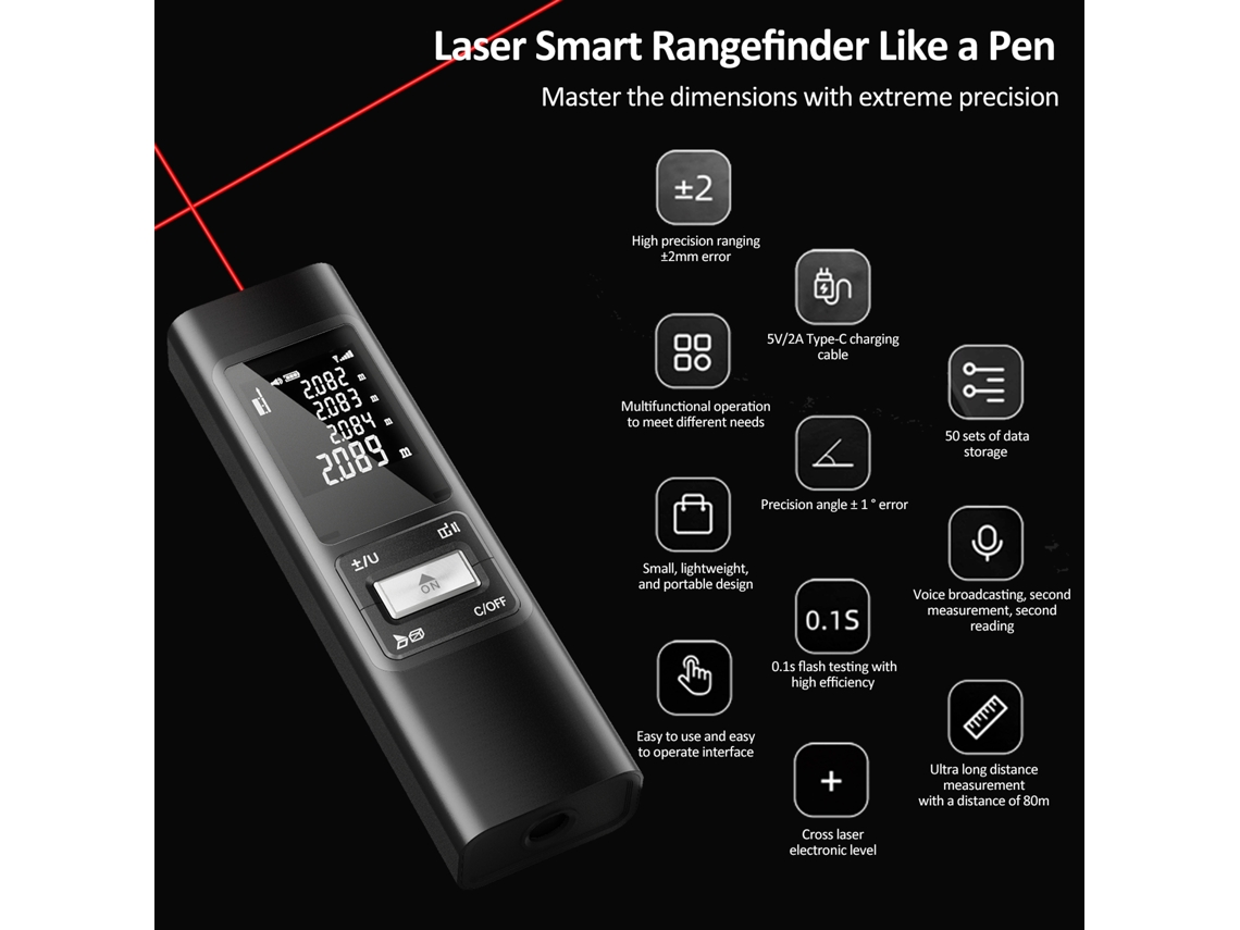 Medidor de distancia láser portátil 2026dn S80 de 80 m con precisión de ±2 mm, mini medidor digital recargable para medición de espacio.