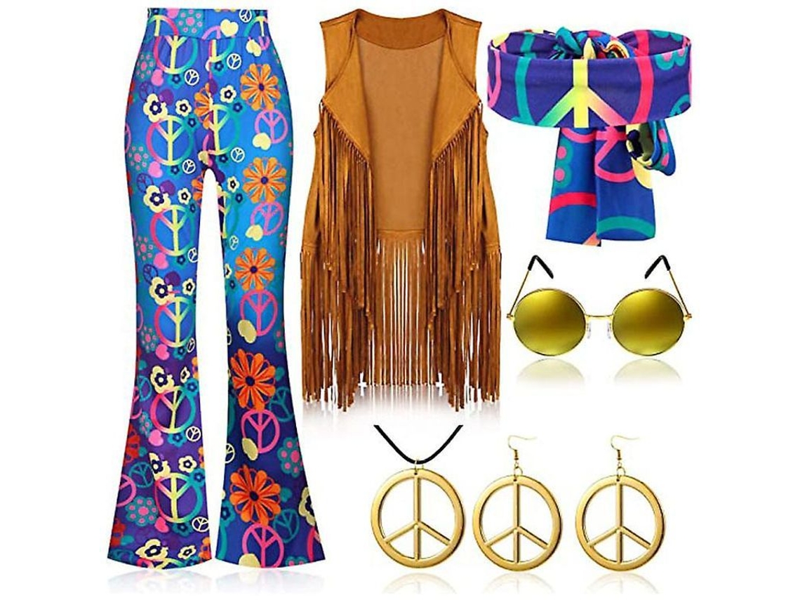 2026-traje Hippie Retro 70s Para Fiesta Con Chaleco De Tiras, Pantalones Y Bufanda Newway