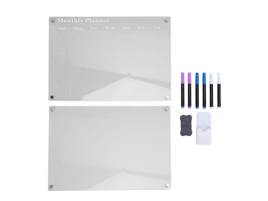 Juego De 2 Placas Acrílicas Blancas Para Lápices De 40x30 Cm Con Calendario Mensual Y 6 Bolígrafos.