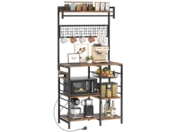 Estantería de cocina con tres enchufes y luces LED, estilo industrial, con estantes para microondas, 80x42x162 cm, marrón rústico y negro.