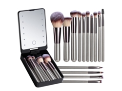 Juego de brochas de maquillaje de viaje, base, polvos, correctores, sombras de ojos, con espejo de luz LED, 14 piezas, mini Gusshious