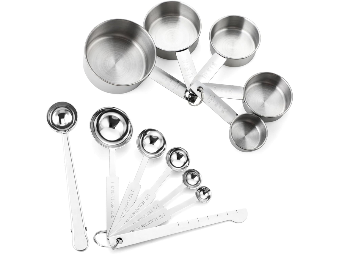 Juego de 12 tazas medidoras de acero inoxidable con regla - 1 cuchara con pinza - 1 regla - 5 tazas - 5 cucharas estrechas