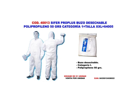 Sifer traje protec buzo desecha polip.50gr cat .1 xxl 64005