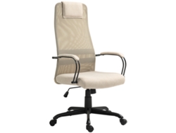 Silla de oficina giratoria ergonómica con inclinación, altura regulable y ruedas, color beige.