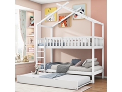 Cama Alta De 140x200 Con Estantes, Escalera Y Espacio Abierto, Color Blanco.