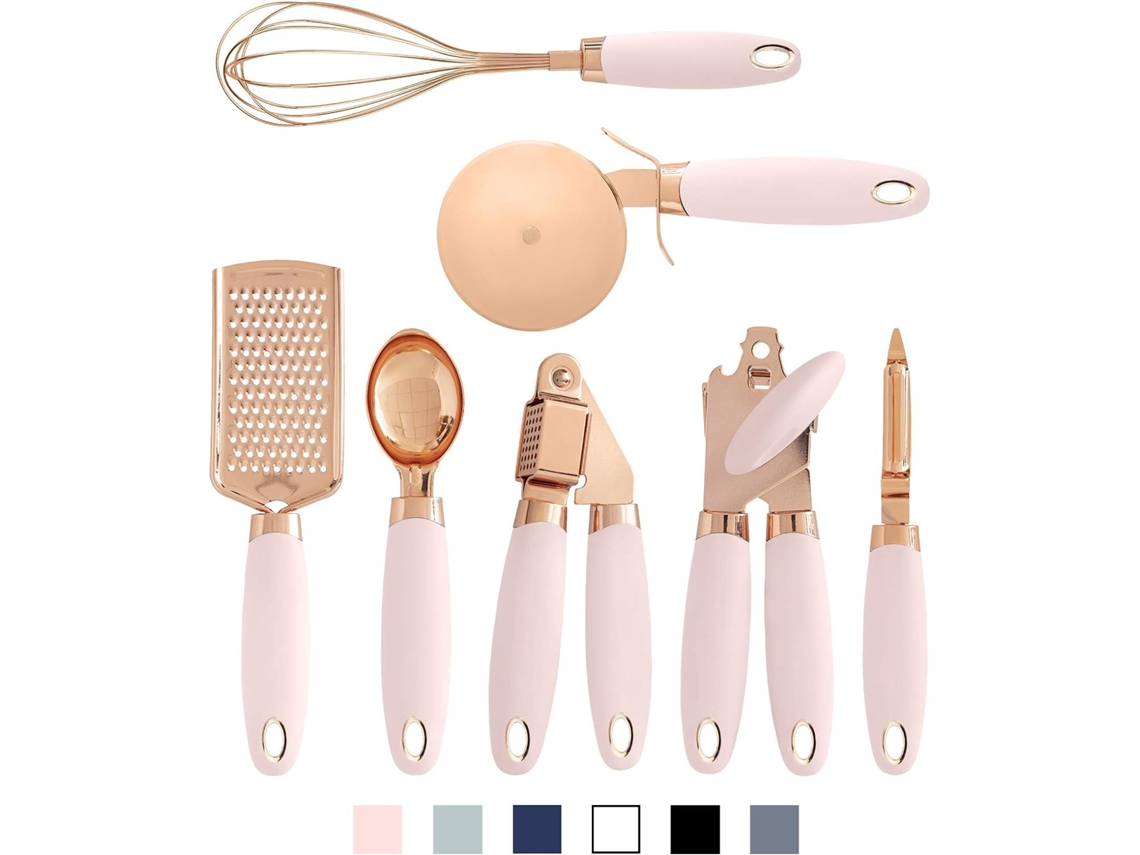 Conjunto de Utensílios de Cozinha de 7 Peças Utensílios de Aço Inoxidável Revestidos de Cobre com Alças de Hortelã de Toque Suave Rosa GERTIZ