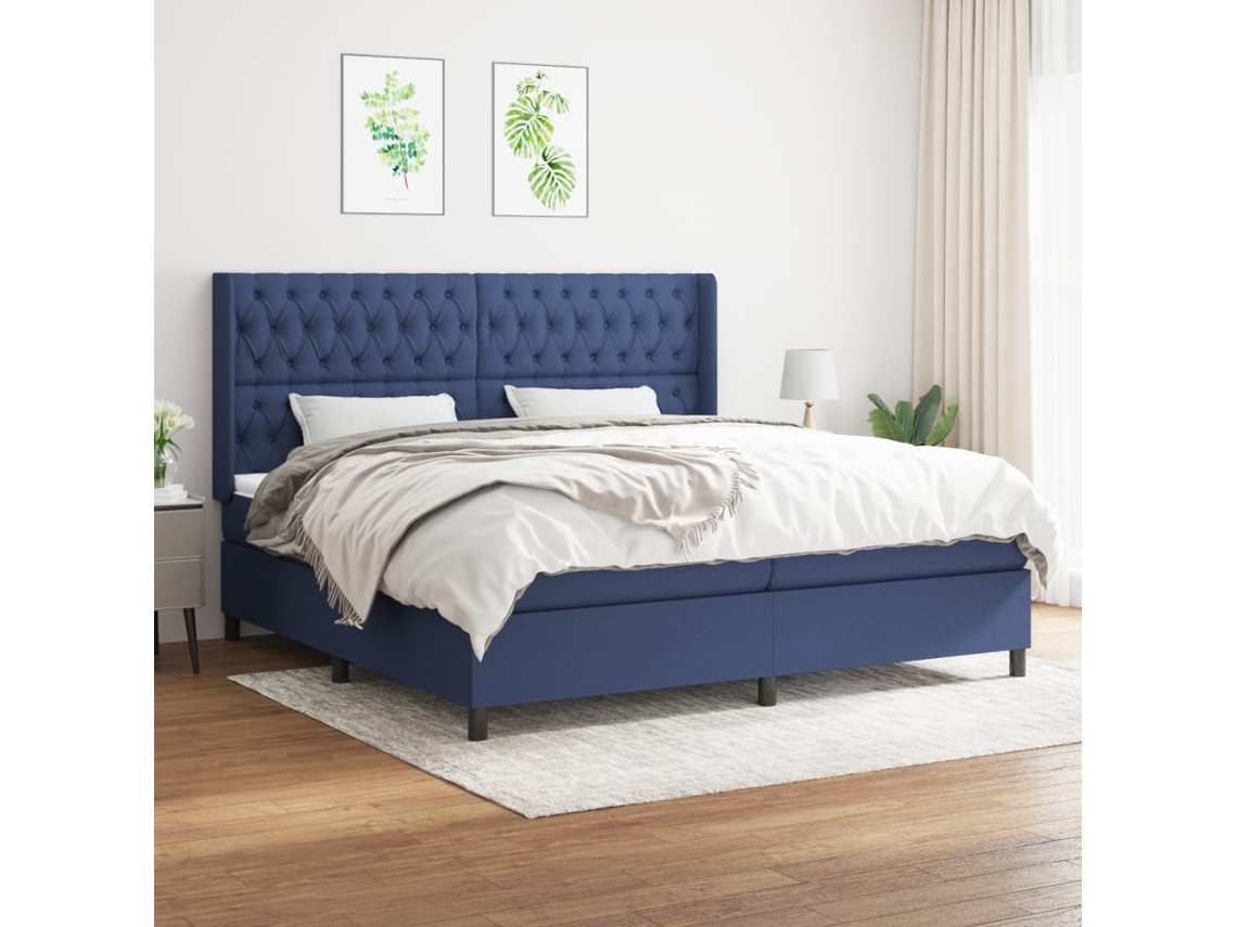 Cama Box Spring Con Colchón Tela Azul 200x200 Cm