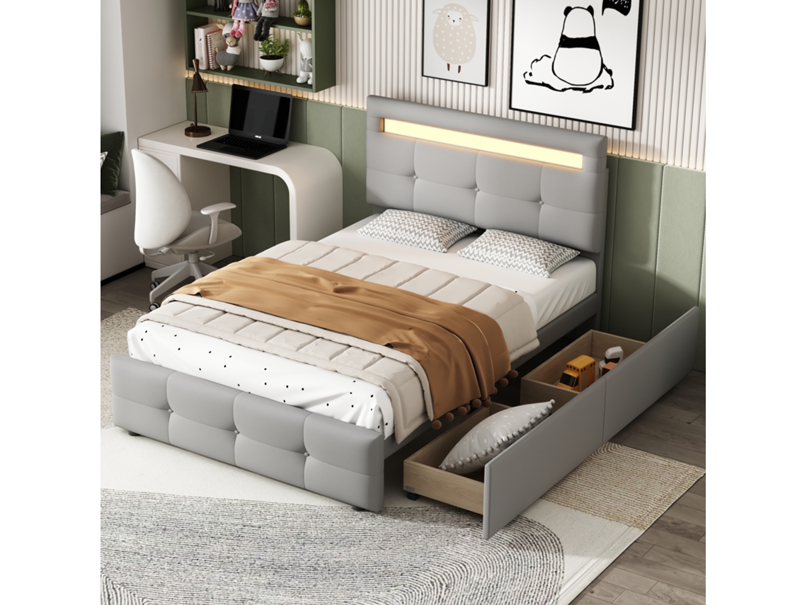 Cama Gris (90x200 Cm) Con Iluminación Led Y 2 Cajones.