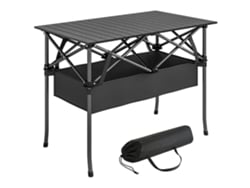 Mesa de picnic plegable negra con estante enrollable y bolsa de transporte de malla.