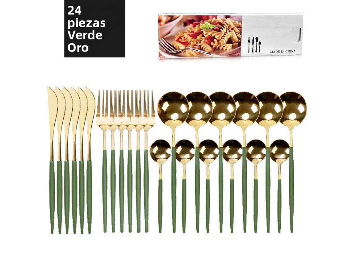 (oro Verde) Juego De Cubiertos De Acero Inoxidable De 24 Piezas, Que Incluye Cuchillo, Cuchara, Tenedor Y Cubiertos De Plata De Estilo Occidental.
