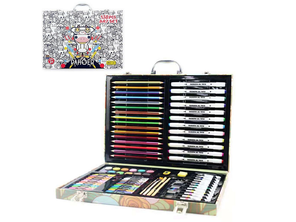 Kit de Bellas Artes con 138 piezas, incluyendo lápices y rotuladores de doble punta, acuarelas, ceras, acrílicos, pinceles y accesorios. Diseño Hip Hop. Dam.