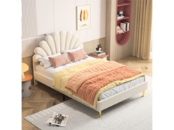 Cama Infantil De Pétalos 140x200. Cabecero Nube En Terciopelo Beige. Patas Metálicas Doradas, Capacidad 250 Kg. Diseño Moderno.