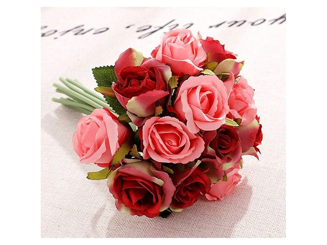 2 Ramos De Rosas Artificiales, 12 Ramos Decorativos, Para Decoración Del Hogar, Oficina, Bodas Y Novias (rojo-rosa)