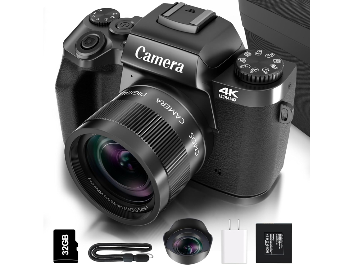 Cámara Digital Para Fotografía, 4k, 64 Mp, Wifi, Pantalla Táctil, Vlogueo, Flash, Tarjeta Micro Sd De 32 Gb (negra)