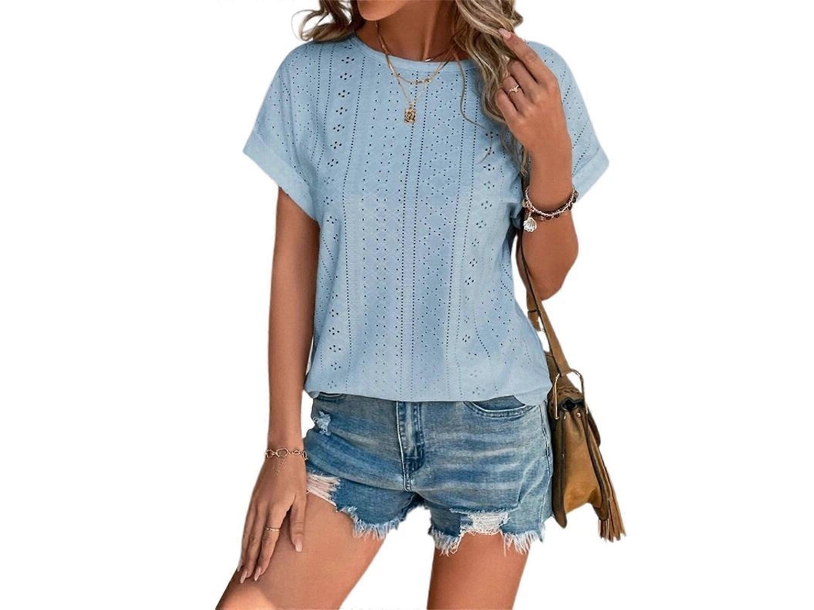 Camiseta de manga corta con detalles de botones, cuello redondo, corte holgado, estilo casual, verano, verde guisante azul XXL