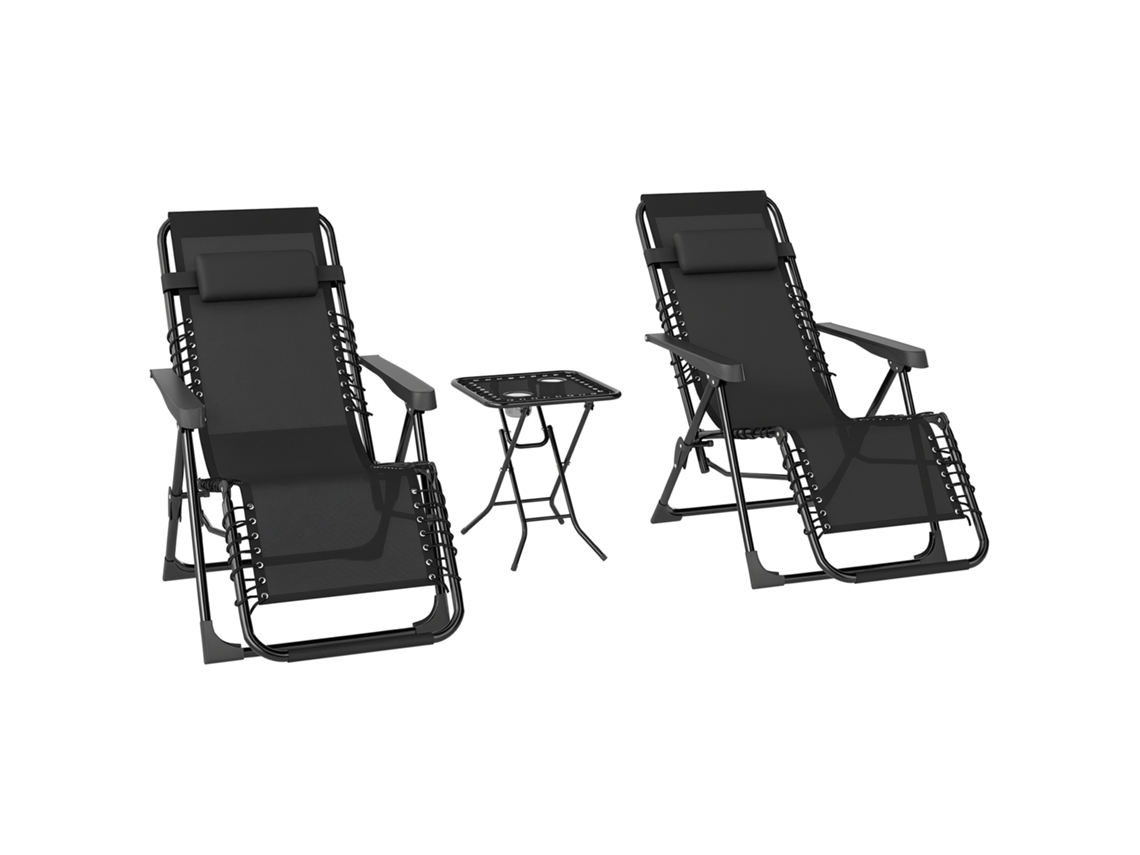 Conjunto 2 Espreguiçadeiras Jardim Exterior Dobráveis Gravidade Zero Mesa Lateral Apoios Copos Almofada Cabeça Vermelha