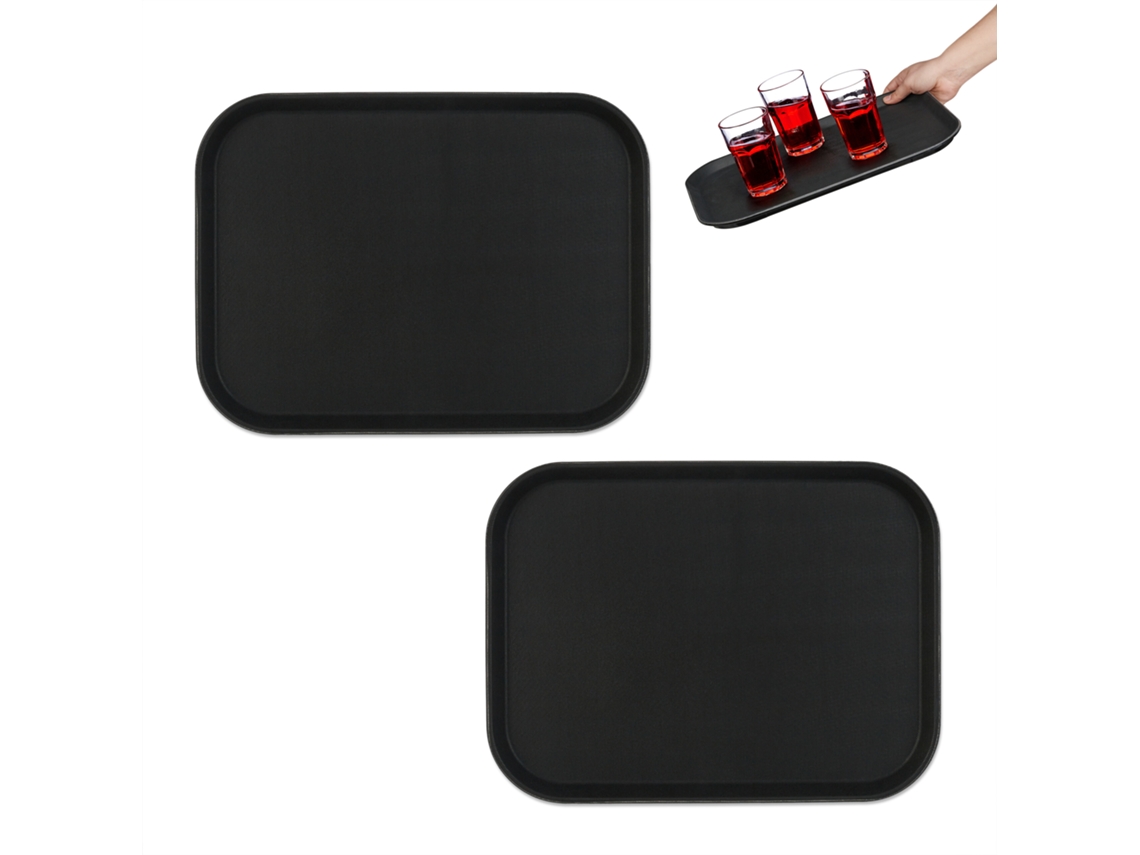 Relaxdays Set 2 Bandejas Bar, Superficie Antideslizante, Plato Rectangular Servir, Bebidas, Gastronomía, 41x30 Cm, Negro