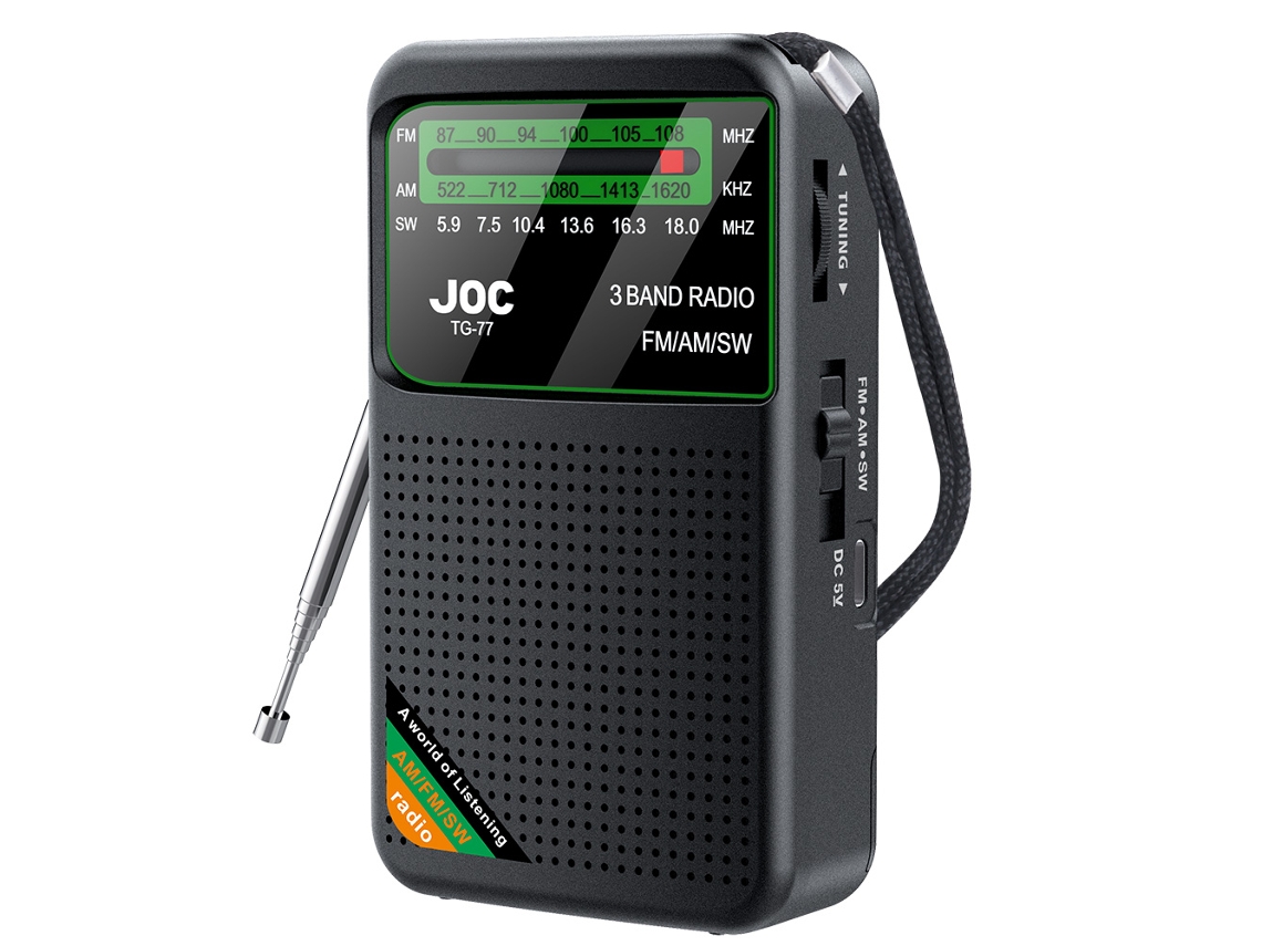 Mini radio AM/FM/SW tribanda (negra) con soporte para auriculares y batería recargable.