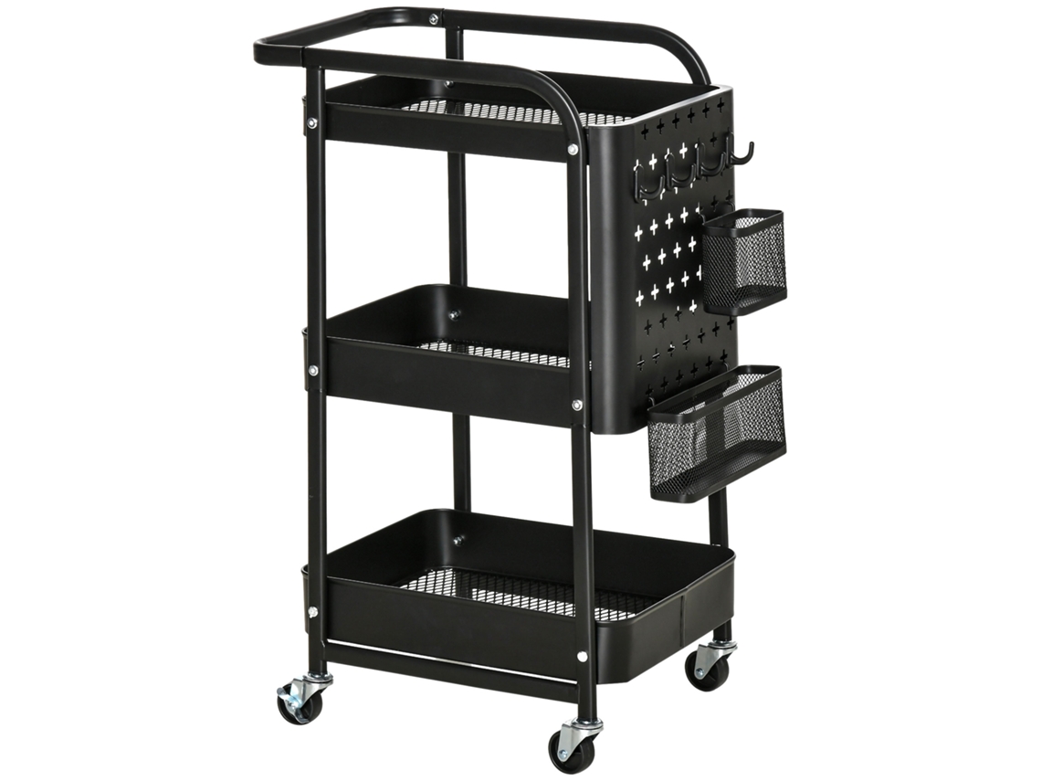 Carro de oficina Vista, de metal, con 3 niveles, 2 bandejas, 4 ganchos, 51,5 x 32 x 75,6 cm, negro.