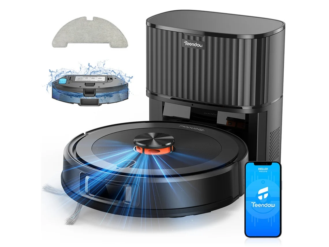 Robot aspirador Teendow D10s Max LDS con vaciado automático, succión máxima de 4500 Pa, vaciado automático de basura y control manos libres.