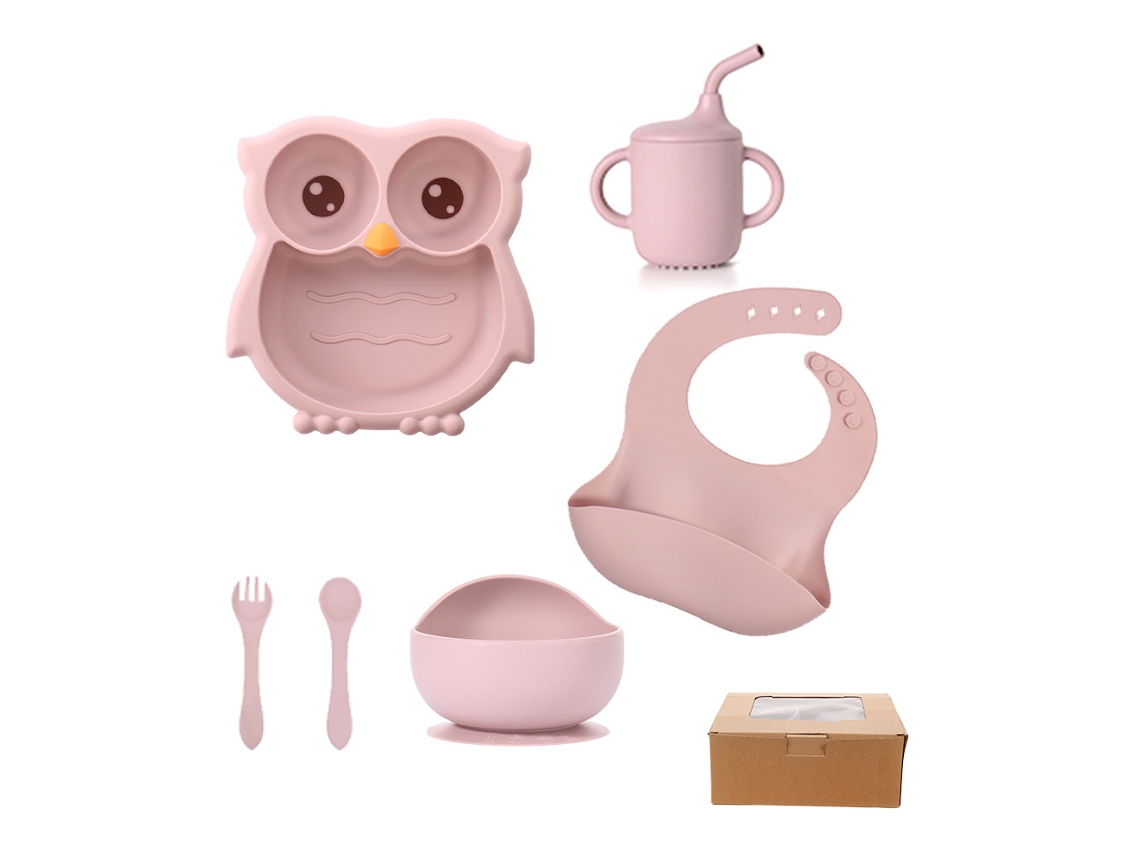 Conjunto de Loiça Infantil em Silicone, Formato de Coruja.rosa CZHHMART