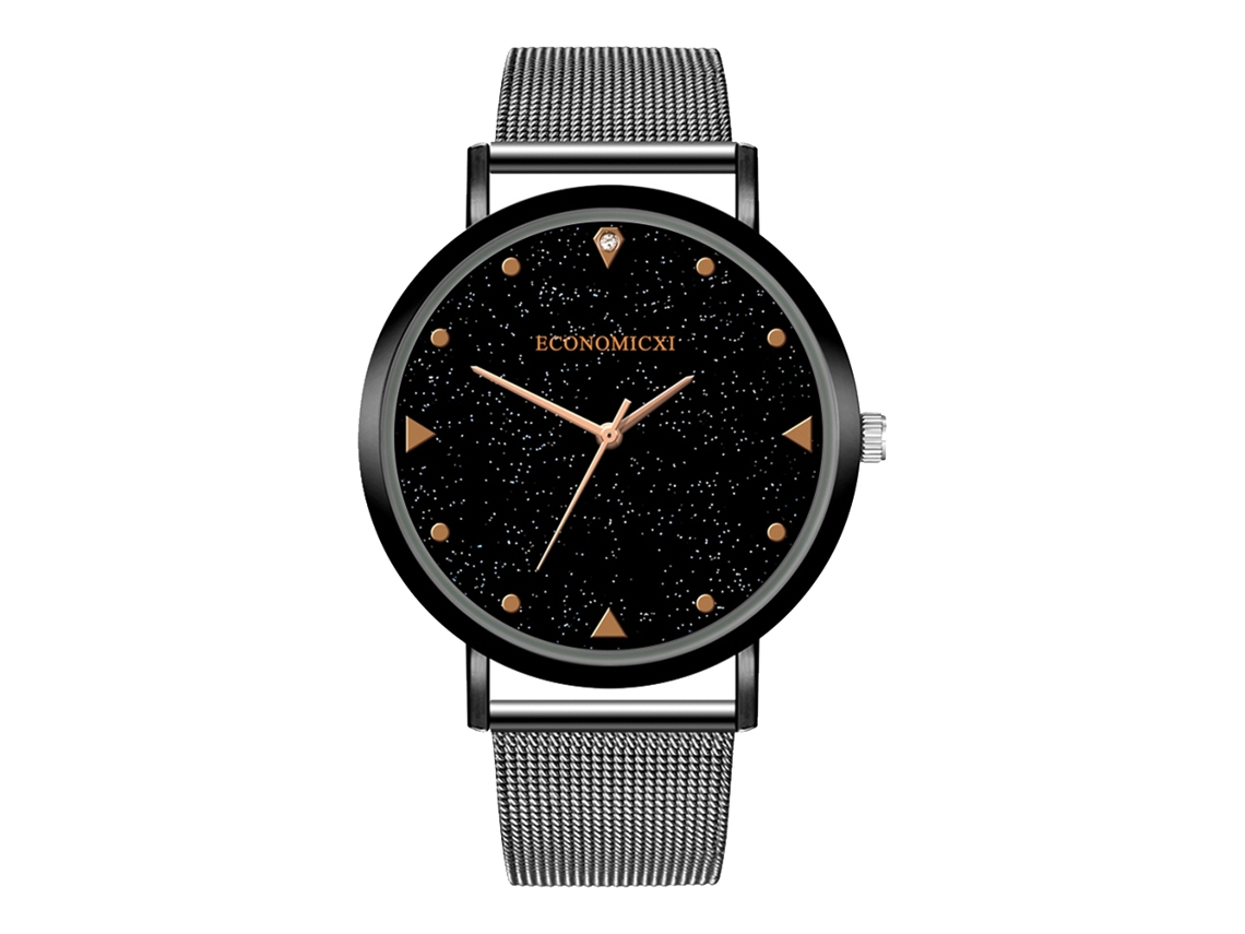 Reloj De Pulsera Para Hombre De Acero Malla Redonda Cuarzo Casual Decoración Negro