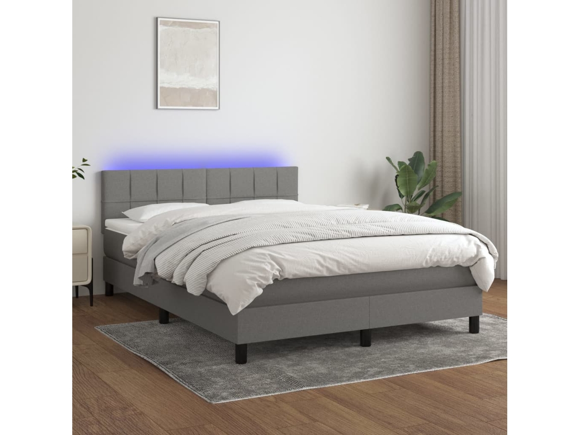 Cama box spring colchón y luces LED tela gris oscuro 140x200 cm