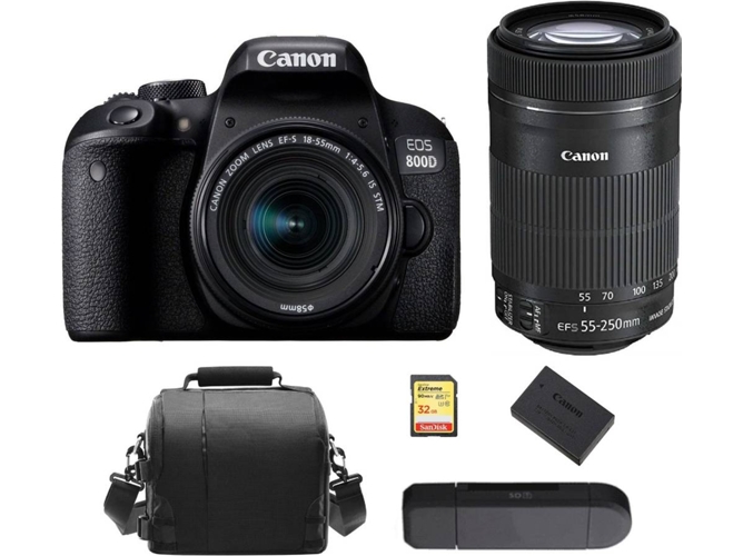 Kit Cámara Réflex CANON EOS 800D EF-S 18-55mm F4-5.6 IS STM + EF-S 55-250mm F4-5.6 IS STM + SD de 32GB + Bolsa + LP-E17 + Lector de Tarjetas