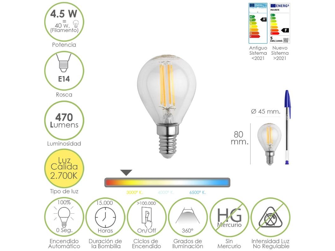 Bombilla led filamento globo mini rosca e14. 4,5 watt. equivale a 40 watt. 470 lumenes. luz cálida (2700  k.)
