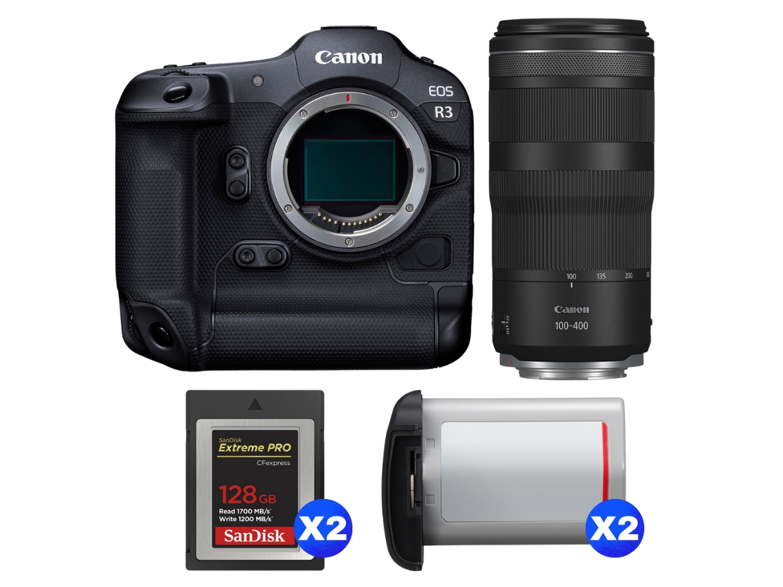 Canon Eos R3 + Rf 100-400mm F/5.6-8 Is Usm + 2 Sandisk 128gb Extreme Pro Cfexpress Type B + 2 Canon Lp-e19 + Ebook Pricedirect