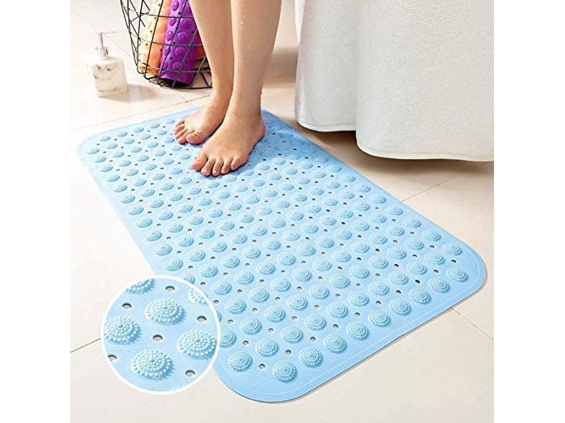 Alfombrilla de baño antideslizante con ventosas de goma seguras, diseño moderno, azul claro, 36 x 71 cm.