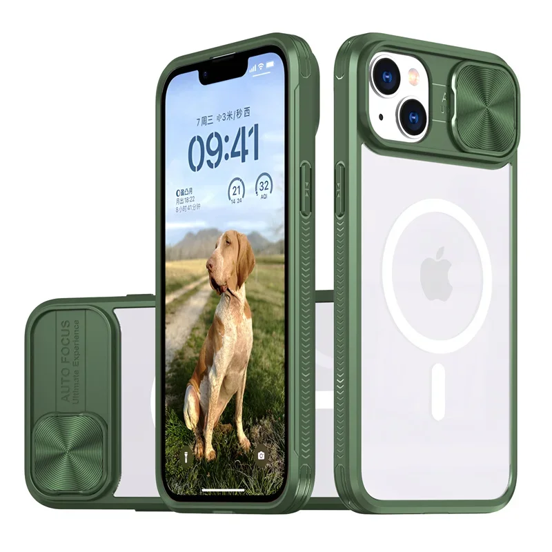 (iphone 12 Pro, Verde Oscuro) Funda Protectora Magnética Magsafe Con Carga Inalámbrica Y Cubierta Deslizante De Acrílico Para La Lente.