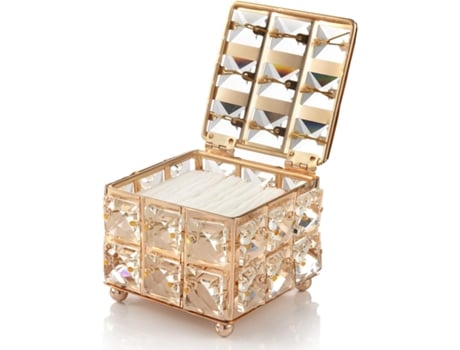 Caja de cosméticos de cristal, caja de cosméticos pequeña con tapa y soporte para bastoncillos de algodón, caja de cosméticos con diseño de diamant...