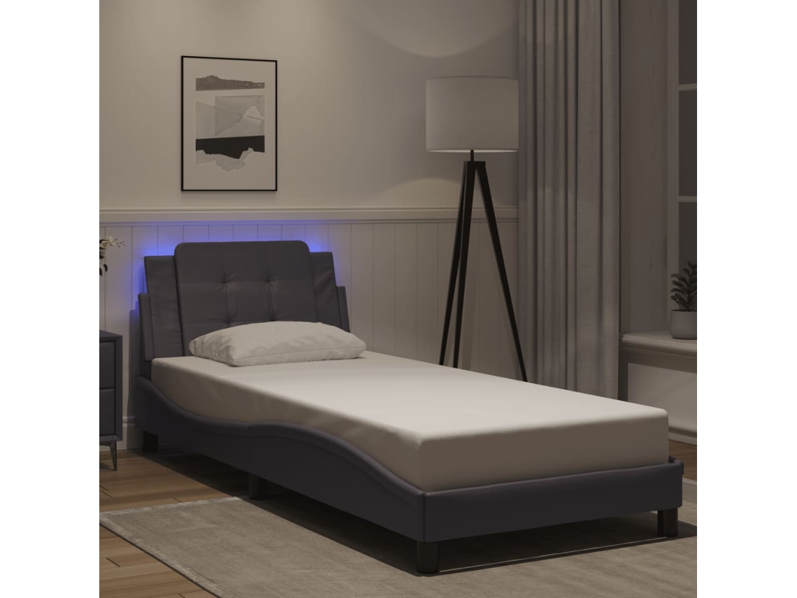Estructura Cama Con Luces Led Cuero Sintético Gris 100x200 Cm