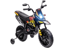 Moto infantil de 12 V con ruedines de apoyo, soporte, luces LED, puerto USB, color amarillo.
