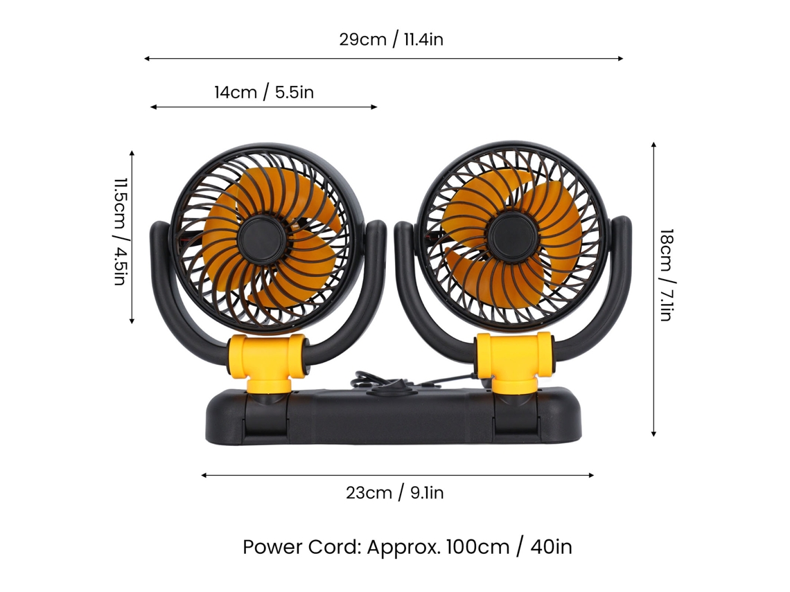 Ventilador de coche con dos cabezales orientables, 2 velocidades, rotación de 360°, motor sin escobillas, 12 V