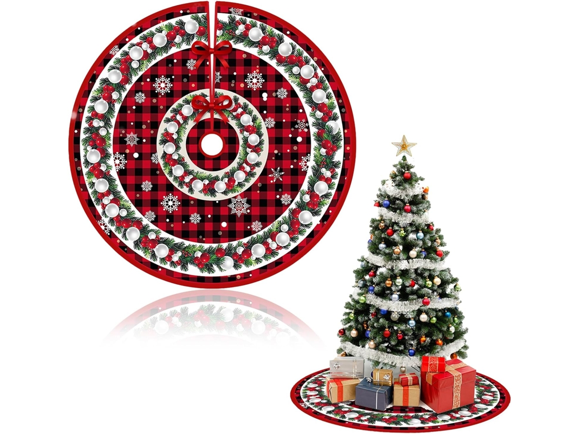 Falda para árbol de Navidad de 48 pulgadas, a cuadros rojos y negros, con copos de nieve, estilo rústico campestre y decoración invernal.