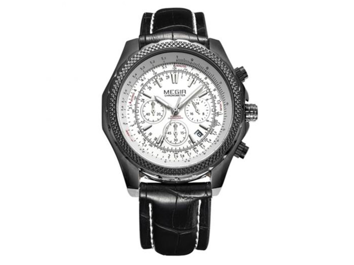 Reloj Hombre Megir De Acero Inoxidable Impermeable Cuero Pu Cuadro Negro Dial Blanco