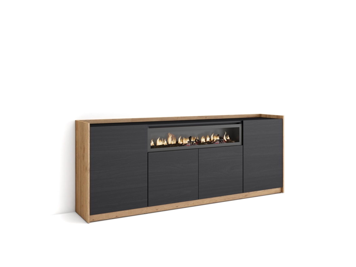 Aparador de comedor, 207x37x80cm, 4 puertas, chimenea eléctrica, negro y roble.