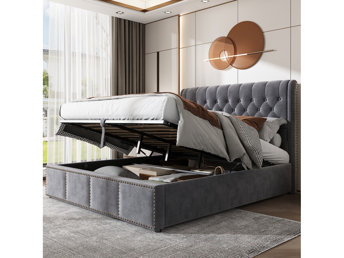 Cama De Terciopelo Gris De 140x190 Cm, Cama Con Almacenamiento Hidráulico, Detalles Decorativos.