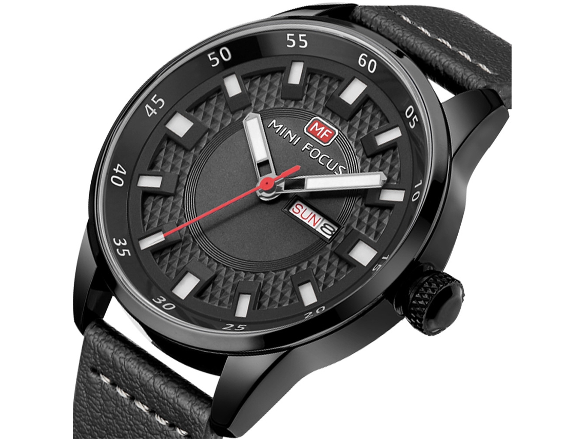 Reloj De Hombre Analógico De Cuarzo Con Correa De Cuero Impermeable Casual Mini Focus Negro