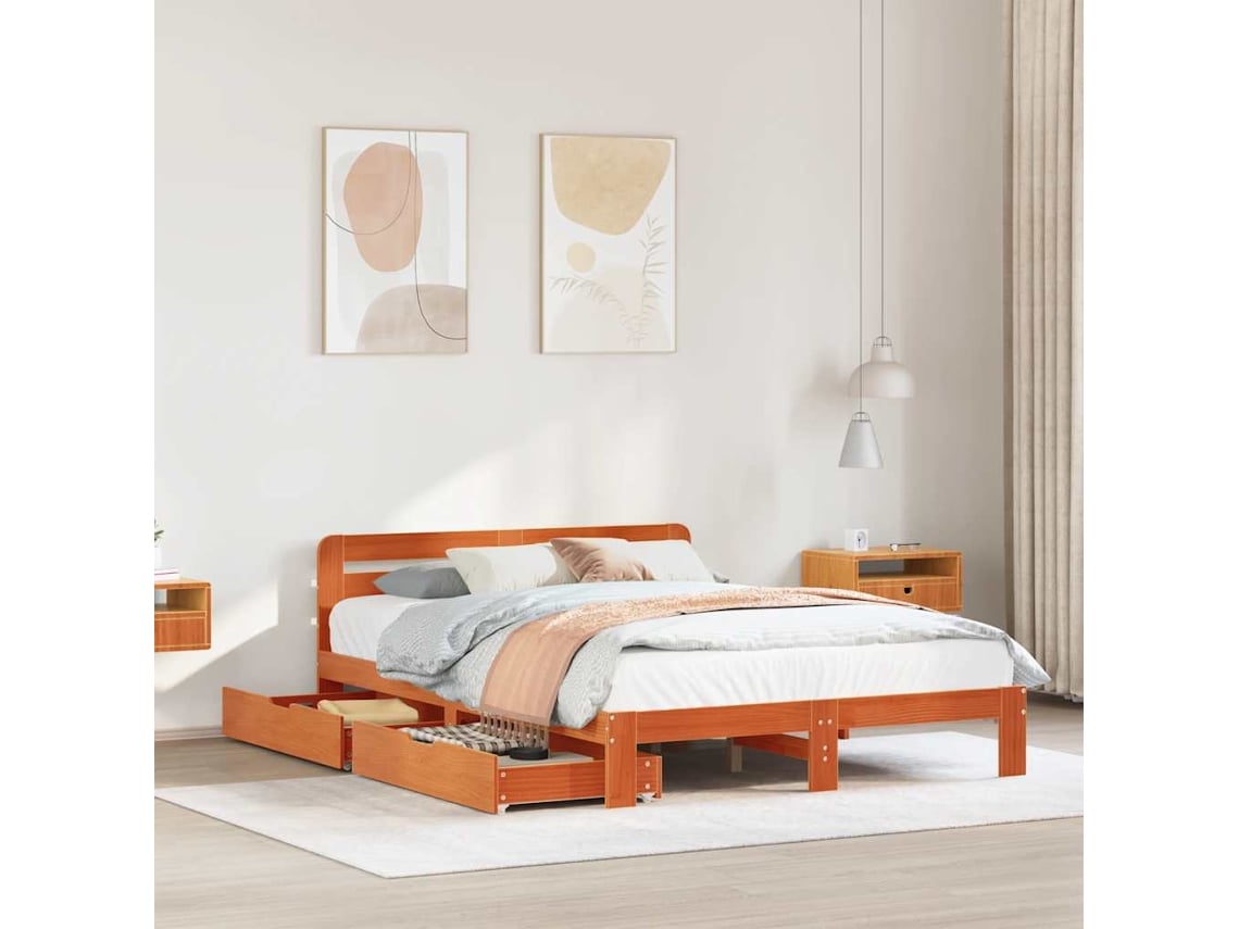 Estructura De Cama Sin Colchón Madera Maciza Marrón 135x190 Cm