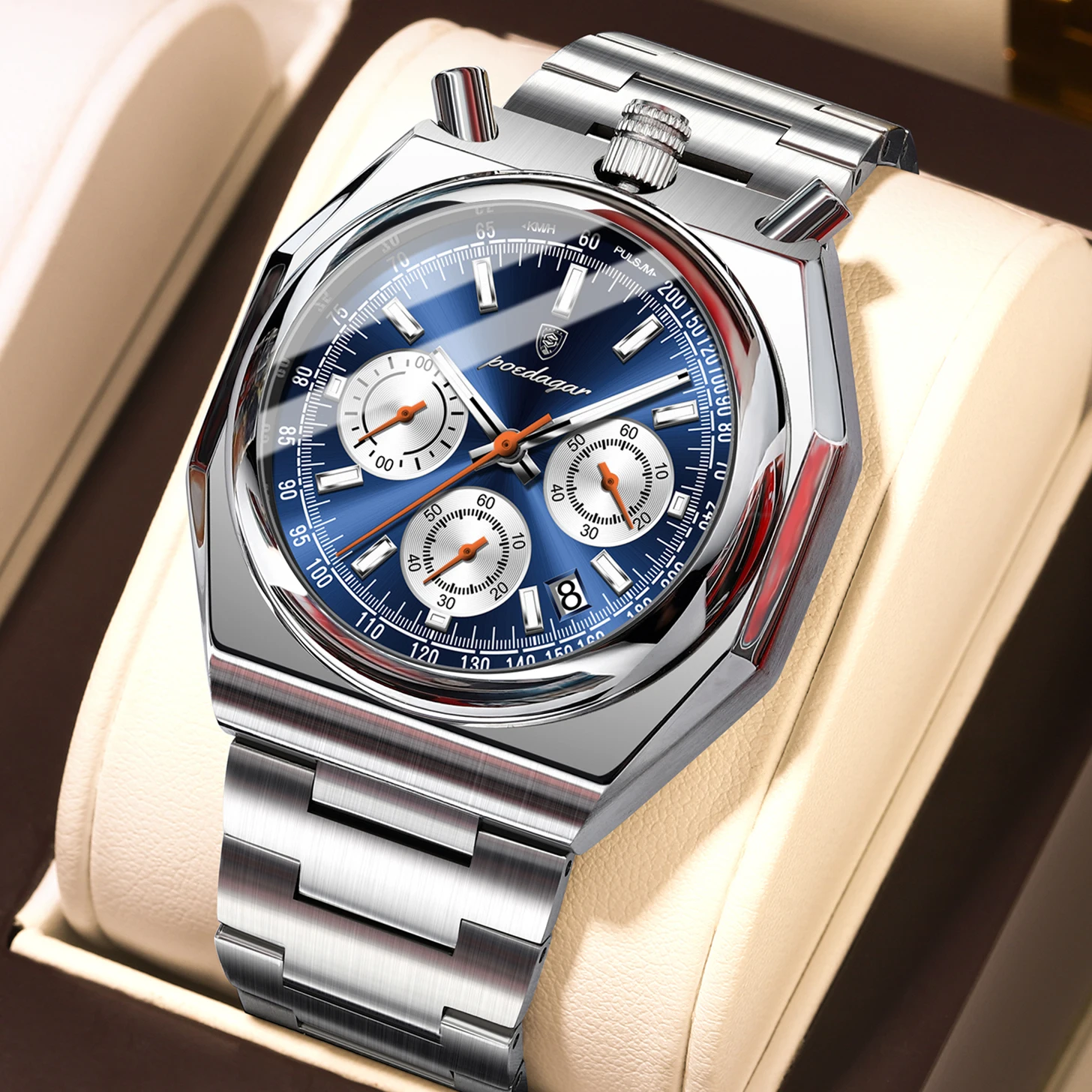 Reloj De Cuarzo Para Hombre, Luminoso, Con Indicador De Fecha (caja Plateada, Esfera Azul).