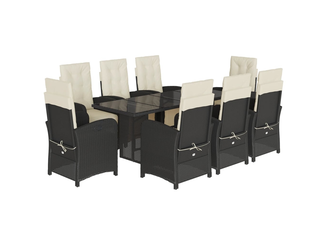 Juego de 9 piezas de comedor de jardín con cojines de mimbre, color negro, EXCLUSIVA DE LA CASA