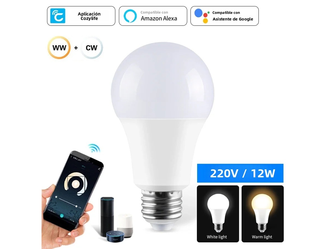 Bombilla LED inteligente con wifi, casquillo E27, control remoto mediante app y comandos de voz. Mdug (220 V, 12 W)