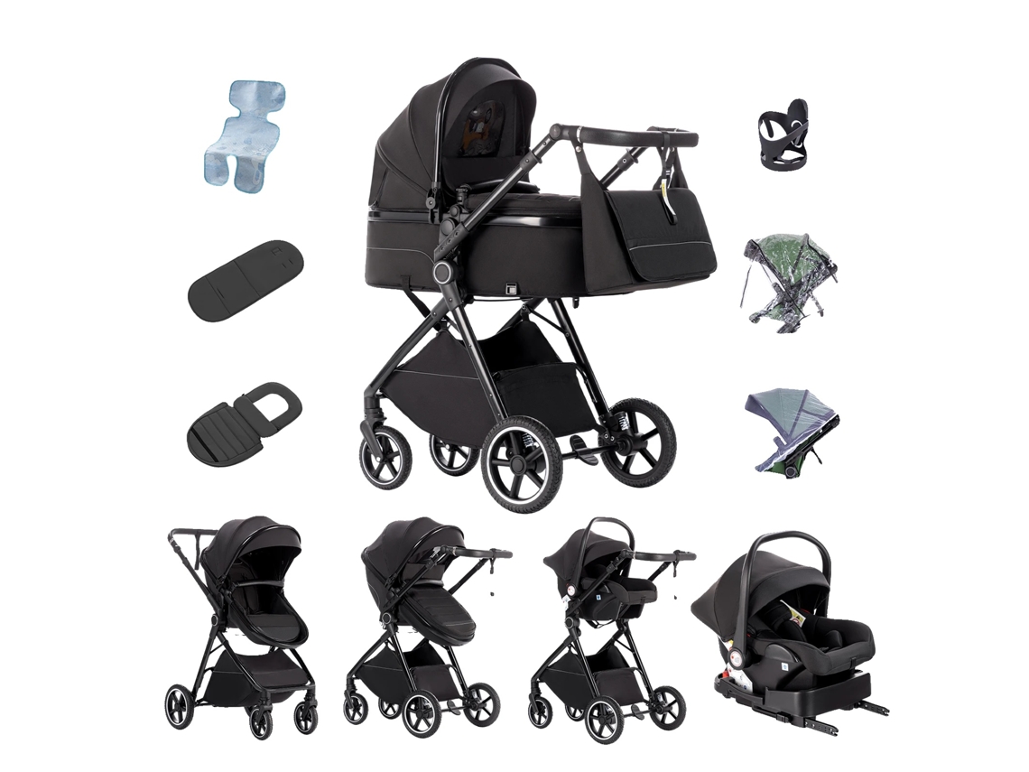 Cochecito de bebé, plegado sencillo, diseño versátil, negro con base Isofix.