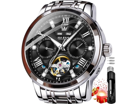 VEANXIN Reloj automático de acero inoxidable Tourbillon hueco mecánico con diamantes dorados para hombre(negro)