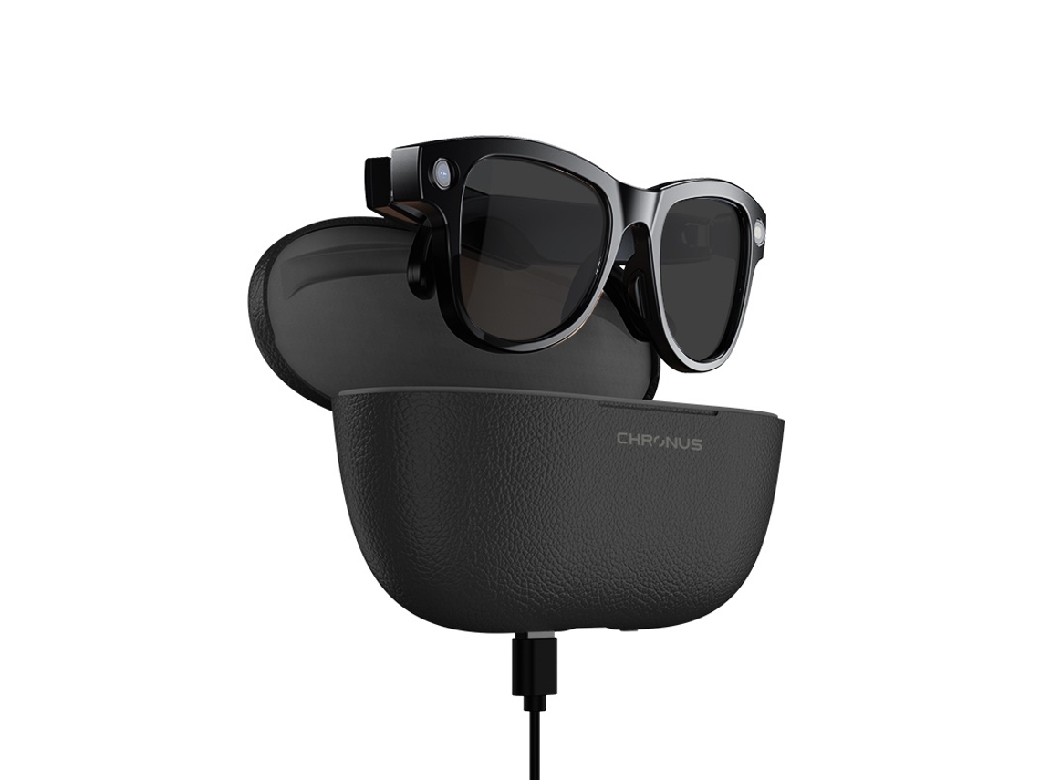 Gafas inteligentes CHRONUS M02 con IA (cámara de 1200p, micrófonos duales, estuche de carga de 3600 mAh, color negro)