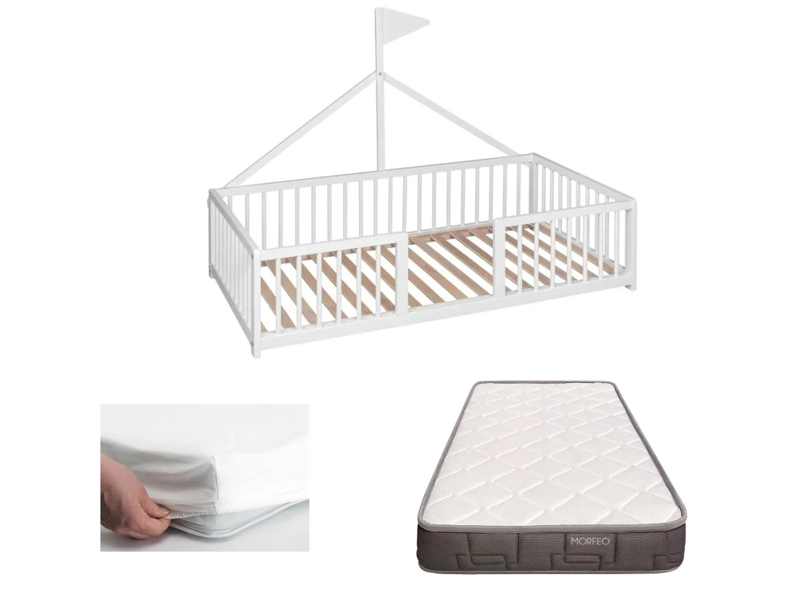 Cama Infantil Tipi Montessori Apache Wonderland + Colchón Morfeo + Protector Colchón (Madera de Haya - Blanco - 140x70 cm)